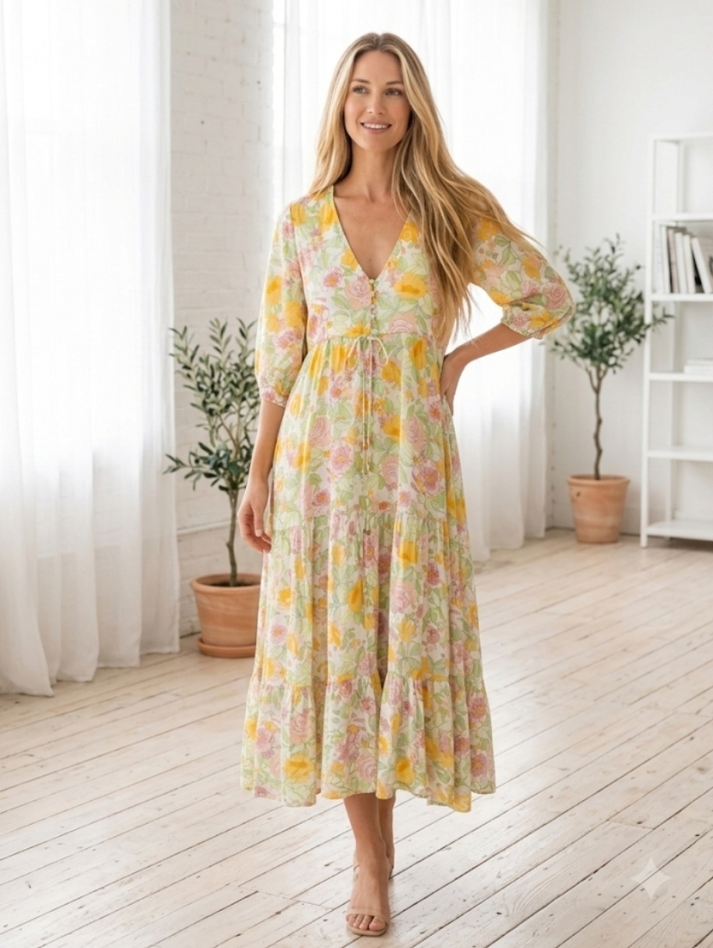 Showpo Floral Maxi Dress Yellow V Neck Tiered
